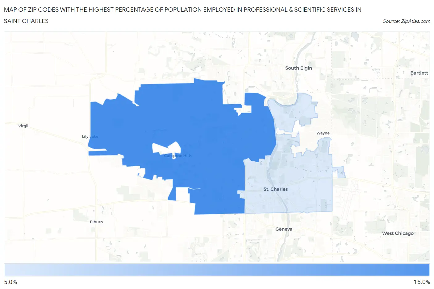 Zip Codes with the Highest Percentage of Population Employed in Professional & Scientific Services in Saint Charles Map