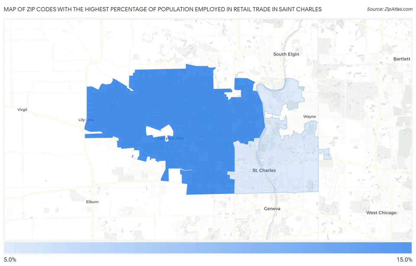 Zip Codes with the Highest Percentage of Population Employed in Retail Trade in Saint Charles Map