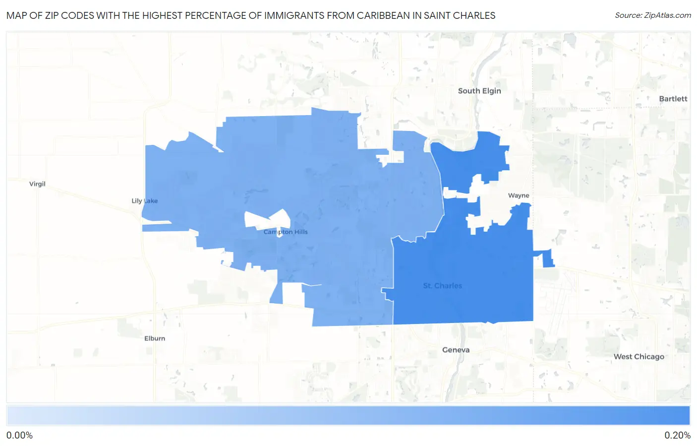 Zip Codes with the Highest Percentage of Immigrants from Caribbean in Saint Charles Map