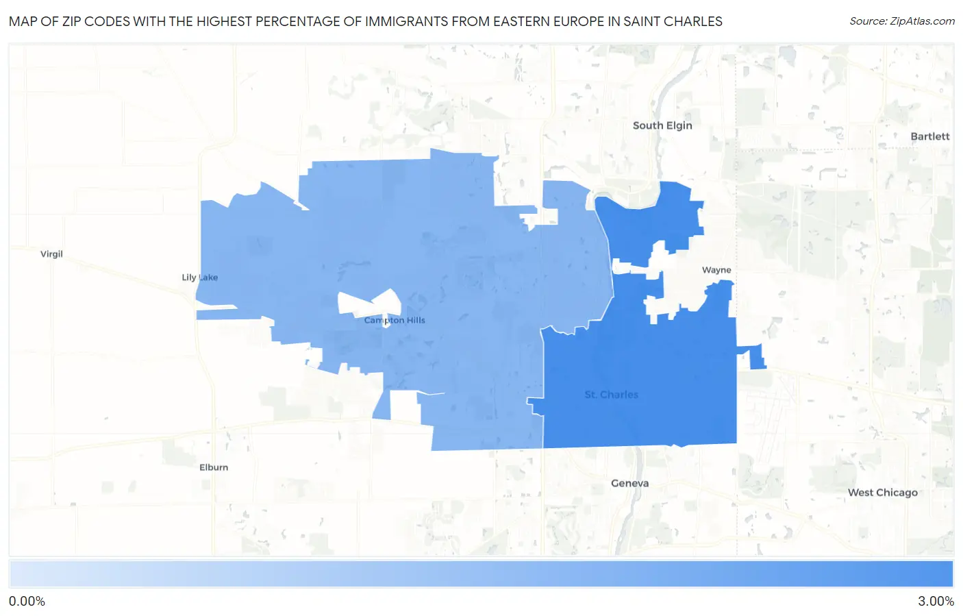 Zip Codes with the Highest Percentage of Immigrants from Eastern Europe in Saint Charles Map