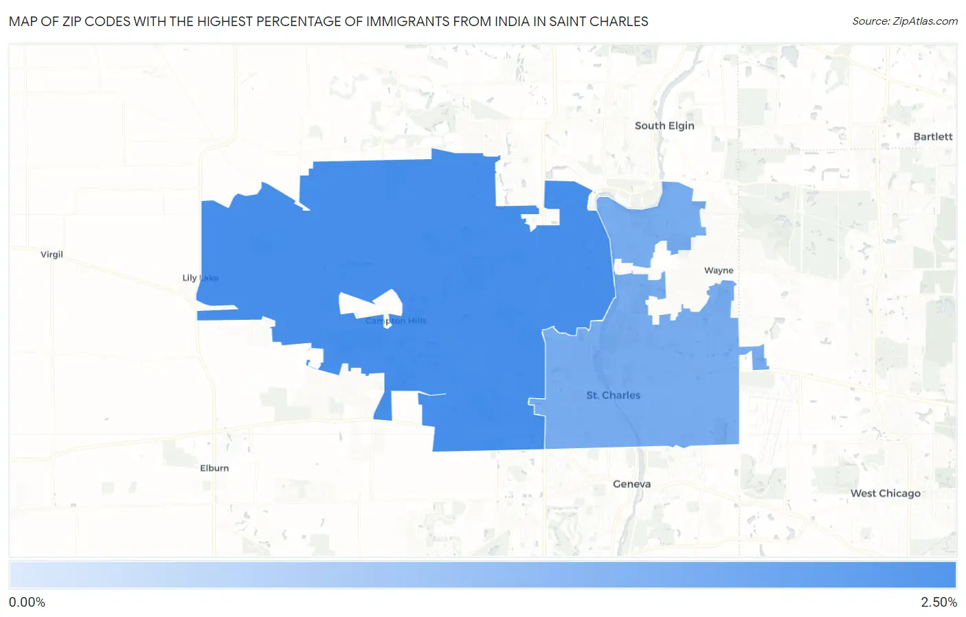 Zip Codes with the Highest Percentage of Immigrants from India in Saint Charles Map