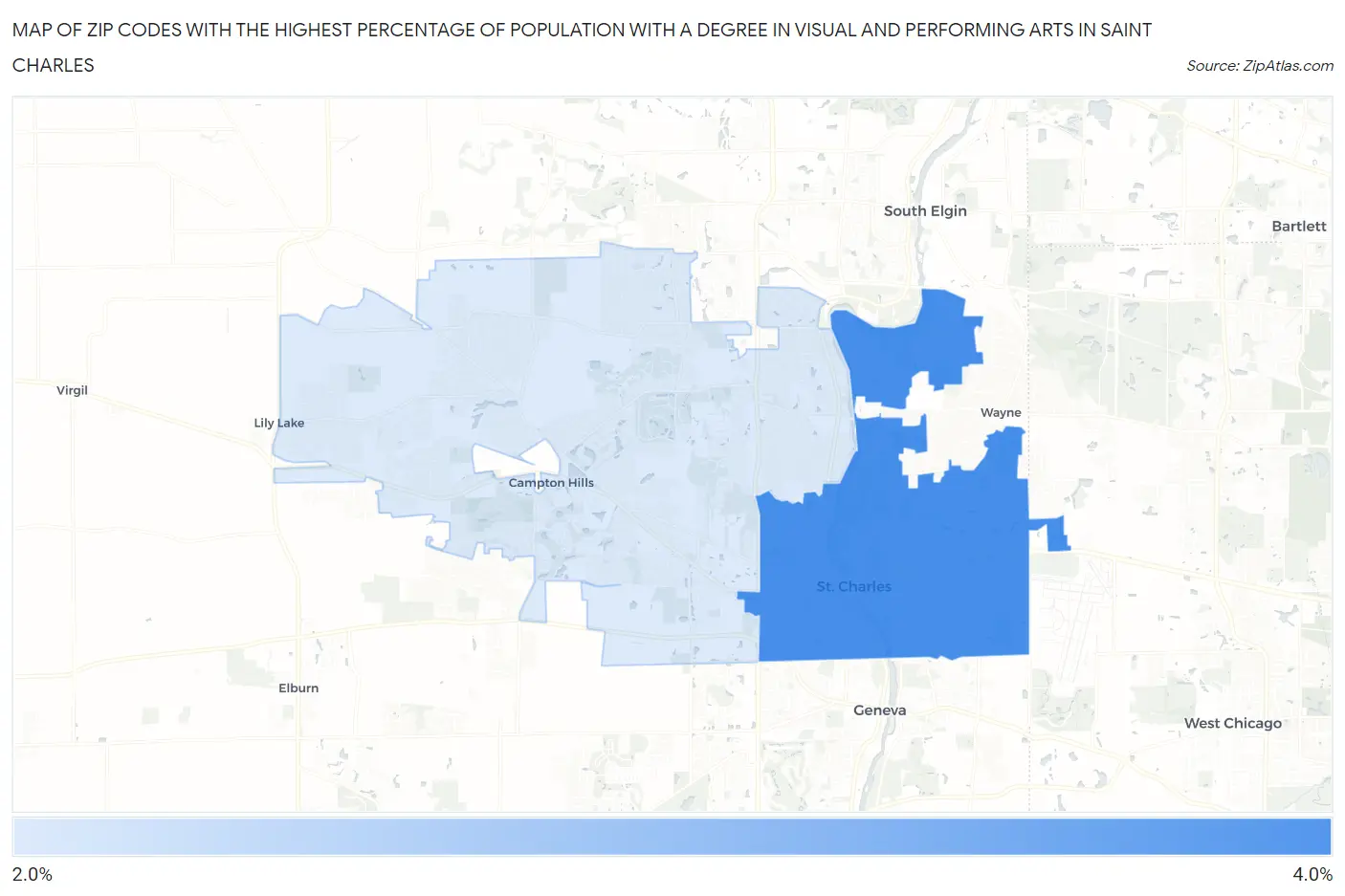 Zip Codes with the Highest Percentage of Population with a Degree in Visual and Performing Arts in Saint Charles Map