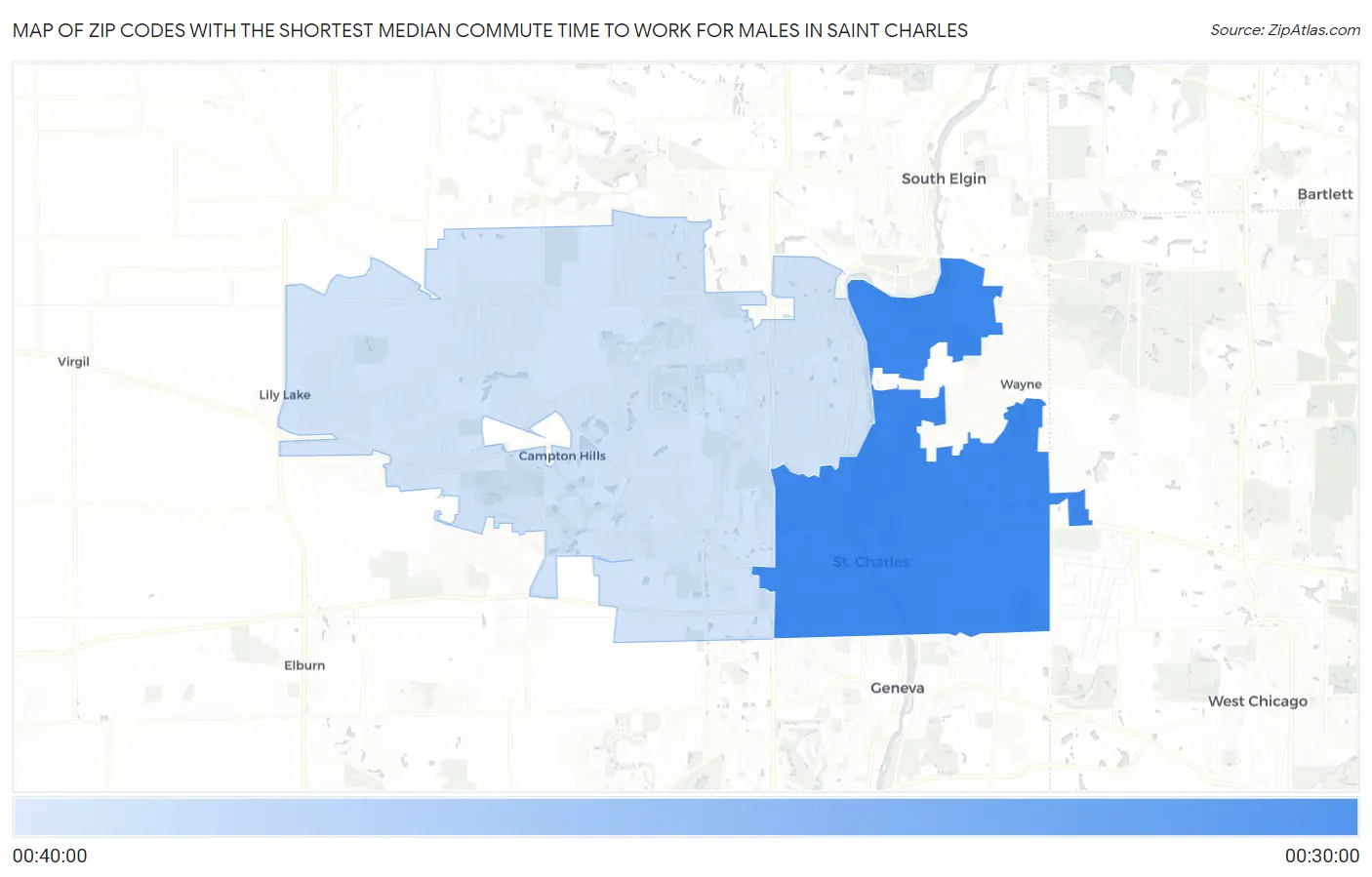 Zip Codes with the Shortest Median Commute Time to Work for Males in Saint Charles Map