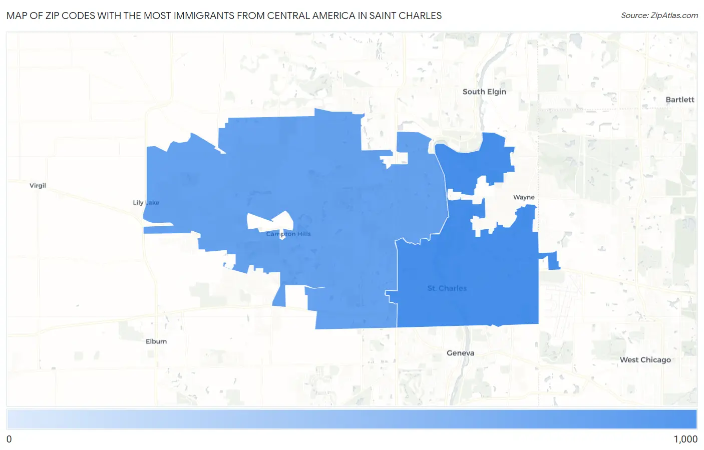 Zip Codes with the Most Immigrants from Central America in Saint Charles Map
