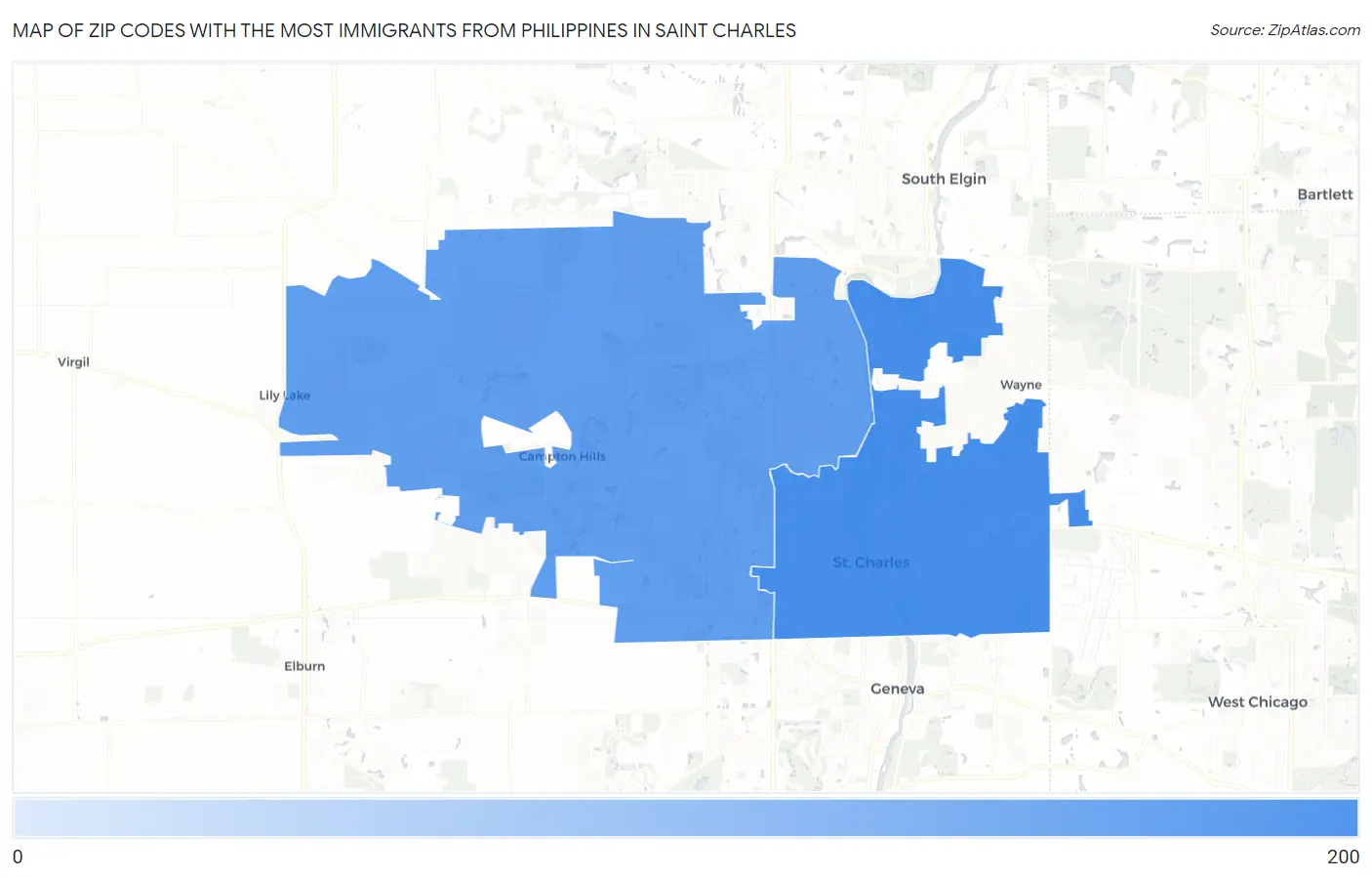 Zip Codes with the Most Immigrants from Philippines in Saint Charles Map