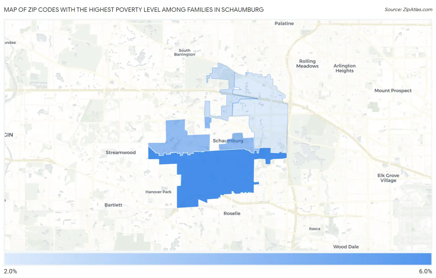 Zip Codes with the Highest Poverty Level Among Families in Schaumburg Map