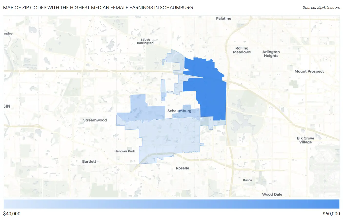 Zip Codes with the Highest Median Female Earnings in Schaumburg Map