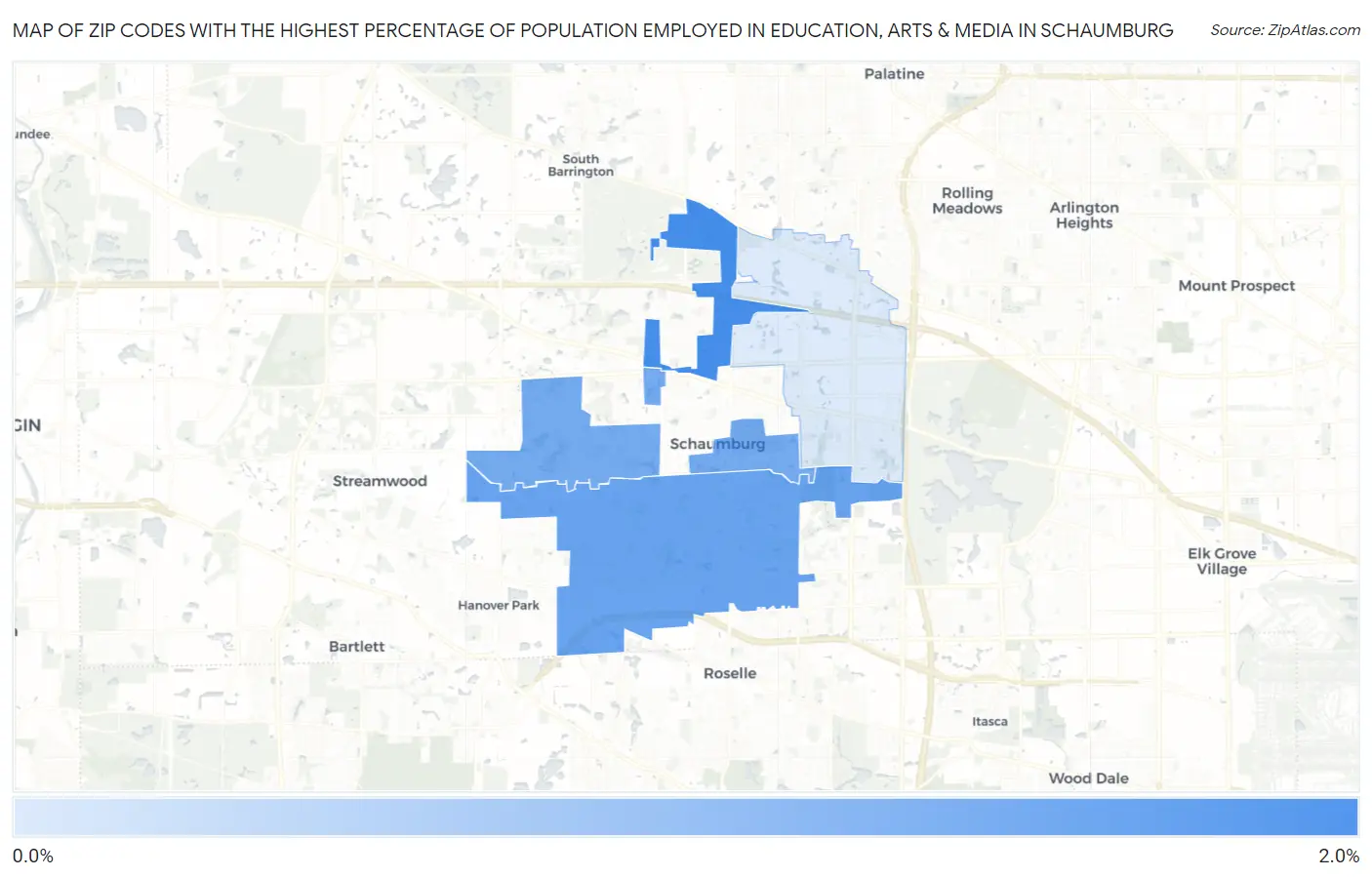 Zip Codes with the Highest Percentage of Population Employed in Education, Arts & Media in Schaumburg Map