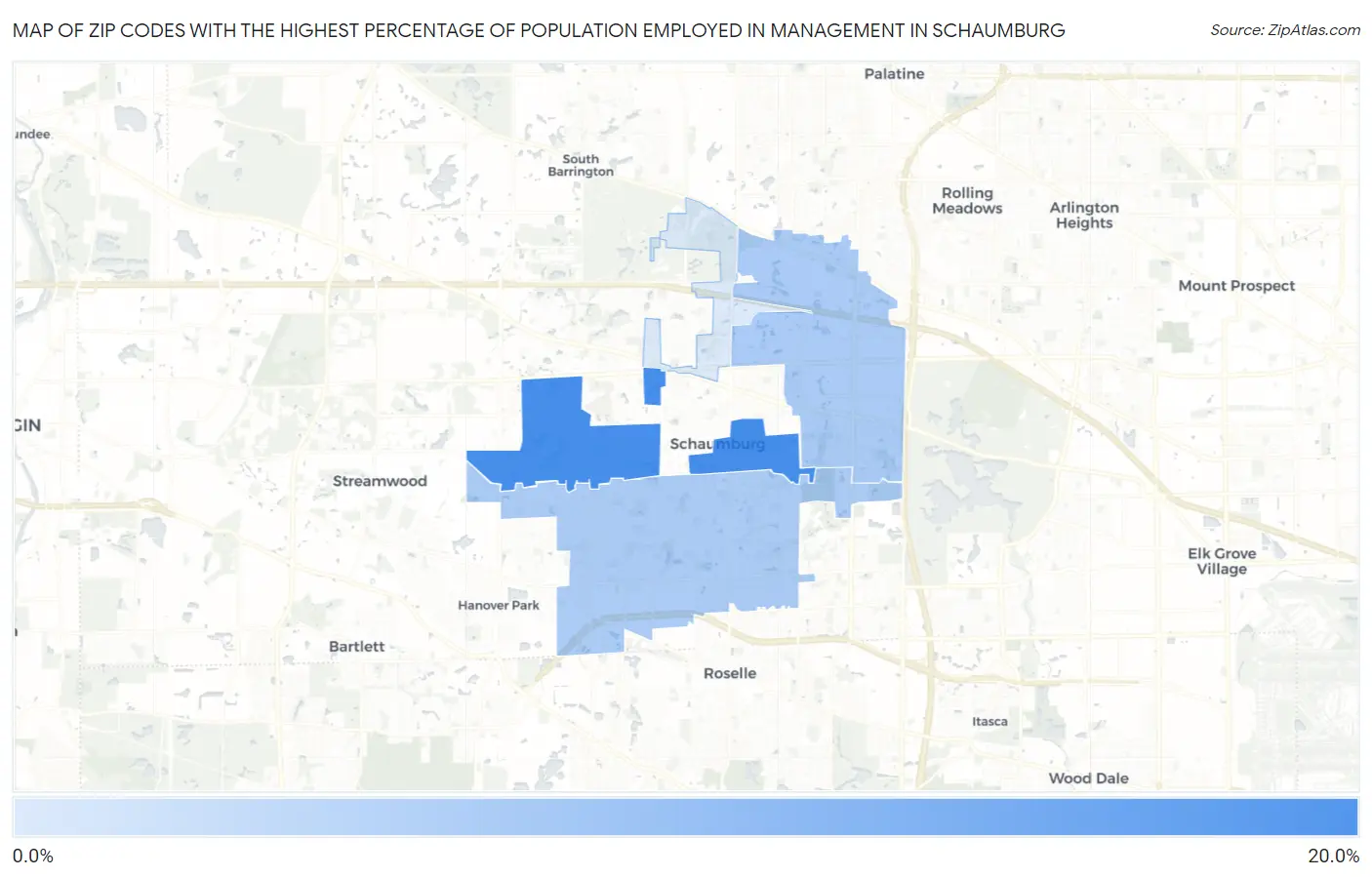 Zip Codes with the Highest Percentage of Population Employed in Management in Schaumburg Map