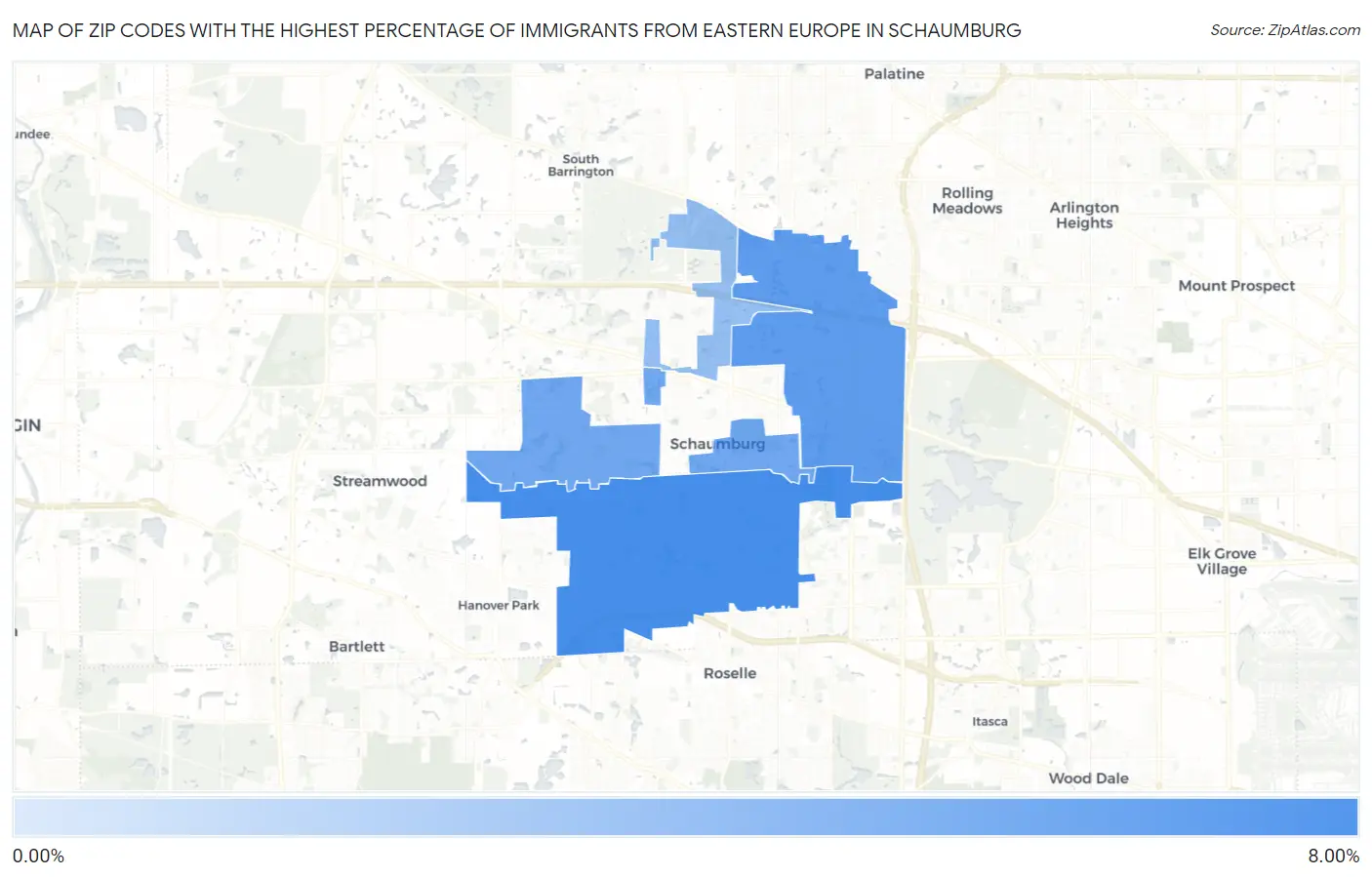 Zip Codes with the Highest Percentage of Immigrants from Eastern Europe in Schaumburg Map