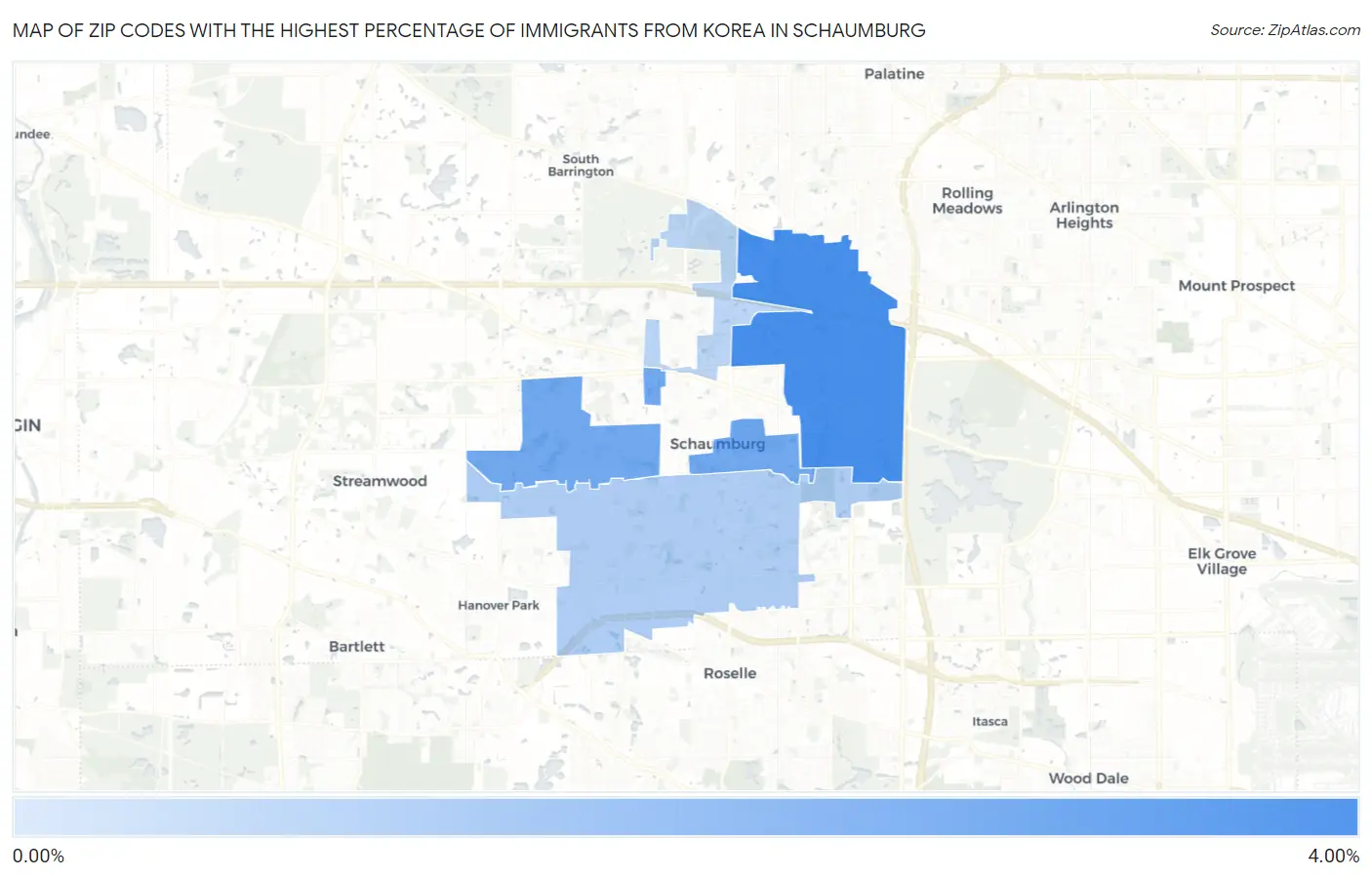 Zip Codes with the Highest Percentage of Immigrants from Korea in Schaumburg Map