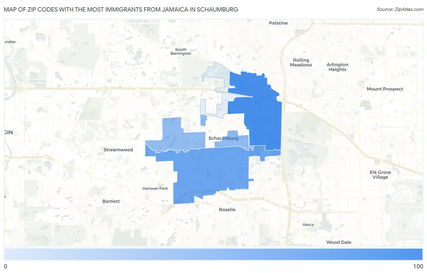 Zip Codes with the Most Immigrants from Jamaica in Schaumburg Map