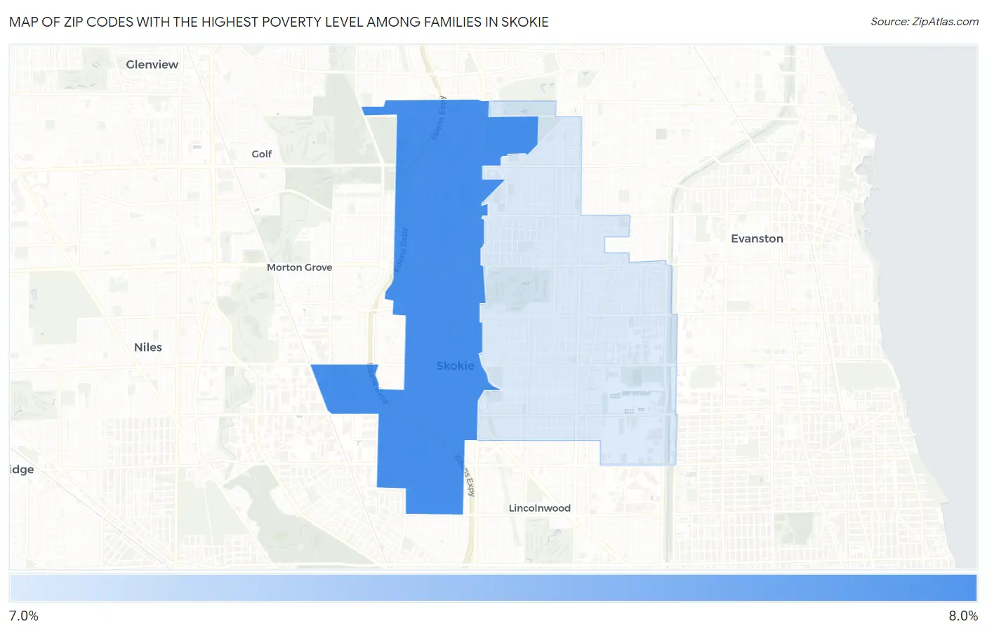 Zip Codes with the Highest Poverty Level Among Families in Skokie Map