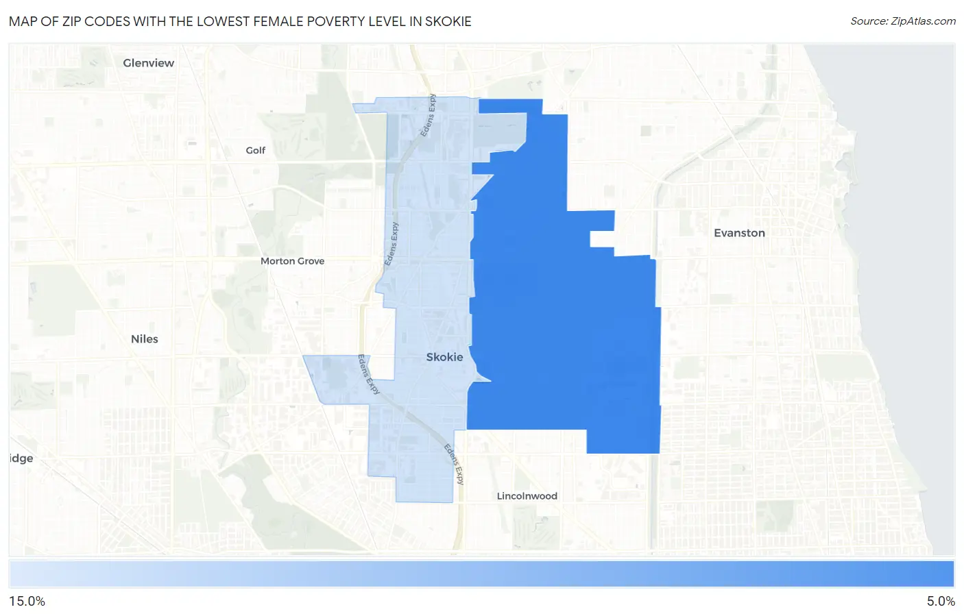 Zip Codes with the Lowest Female Poverty Level in Skokie Map