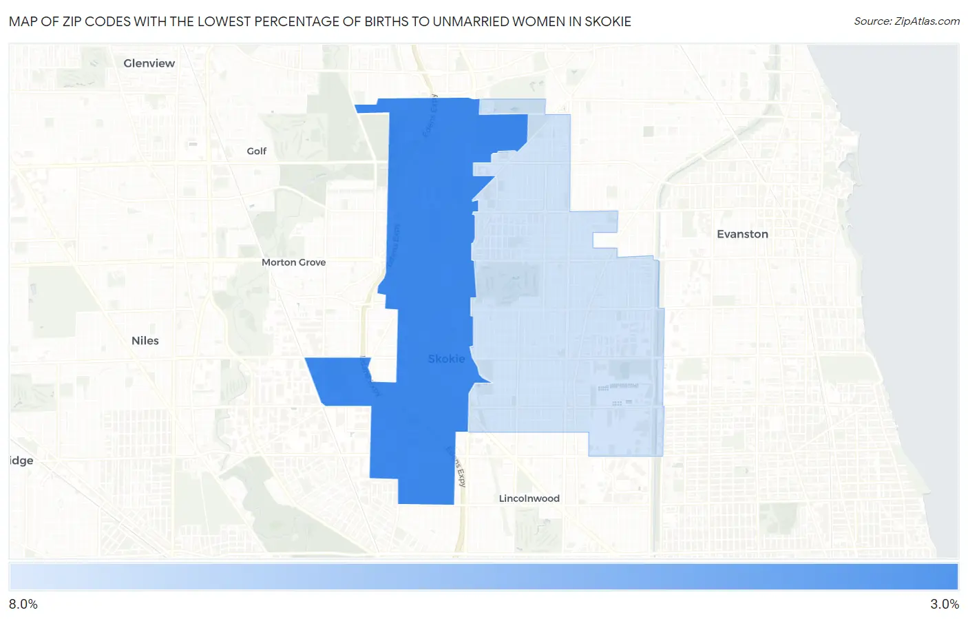 Zip Codes with the Lowest Percentage of Births to Unmarried Women in Skokie Map