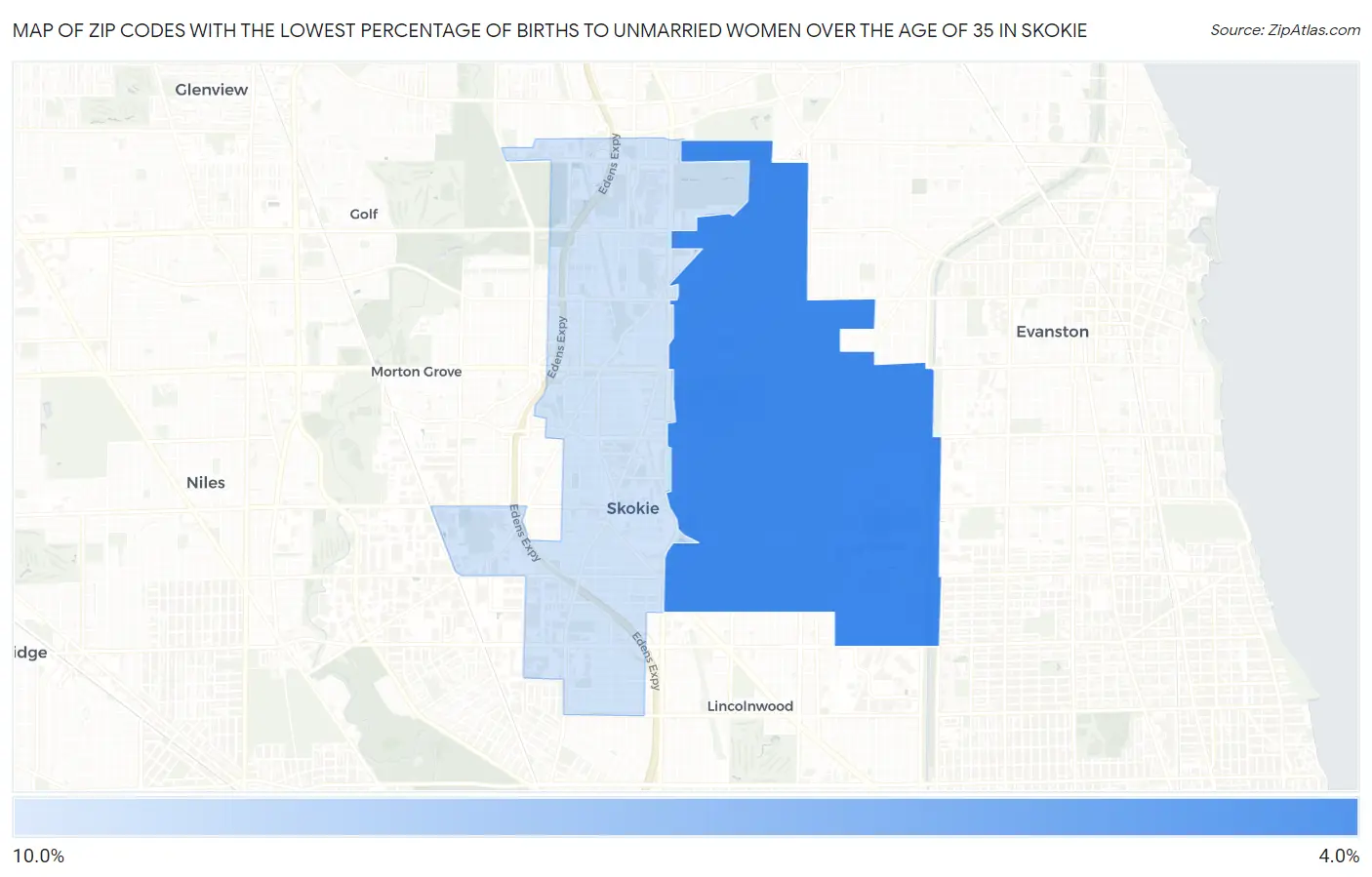 Zip Codes with the Lowest Percentage of Births to Unmarried Women over the Age of 35 in Skokie Map