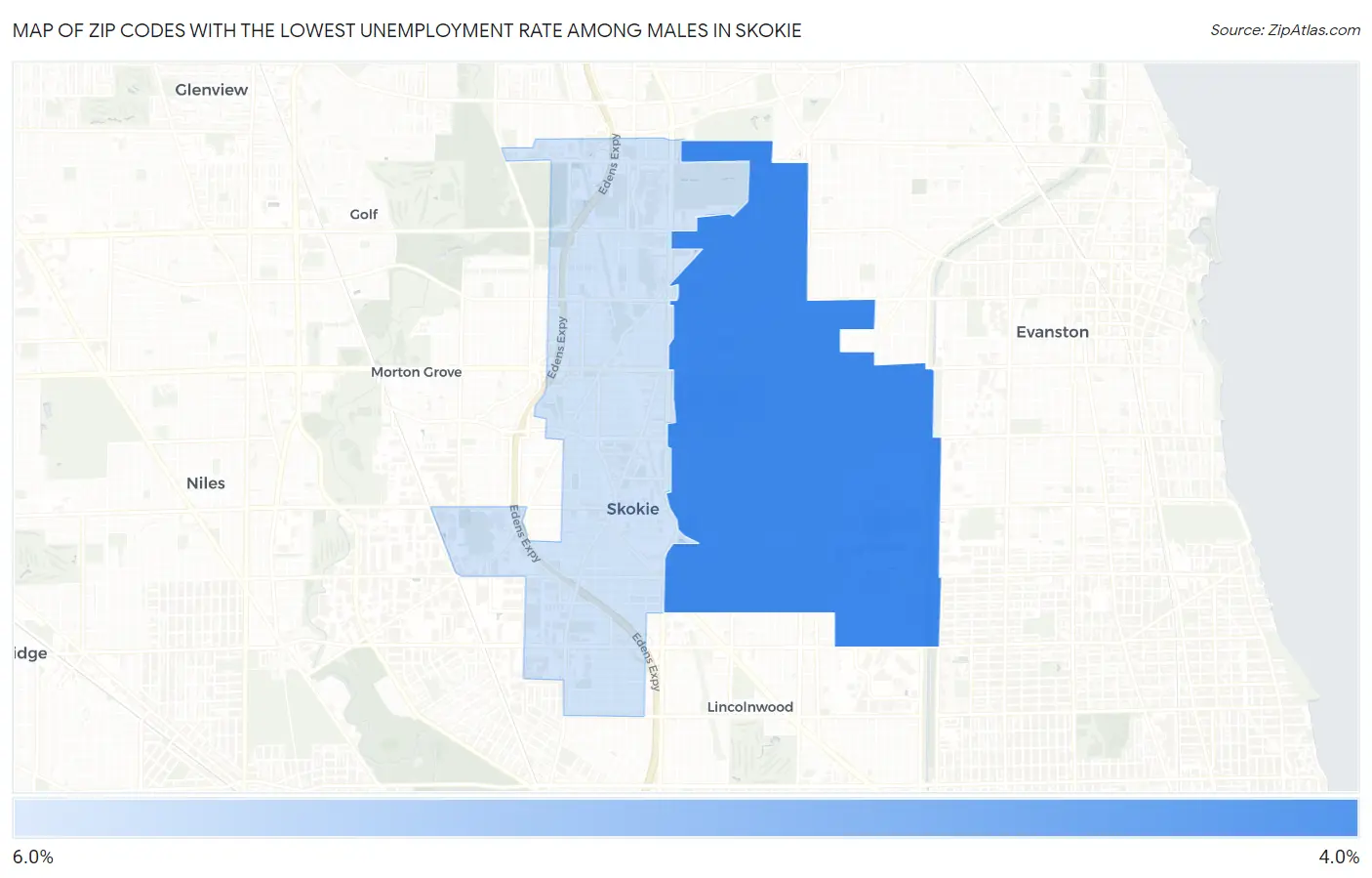 Zip Codes with the Lowest Unemployment Rate Among Males in Skokie Map