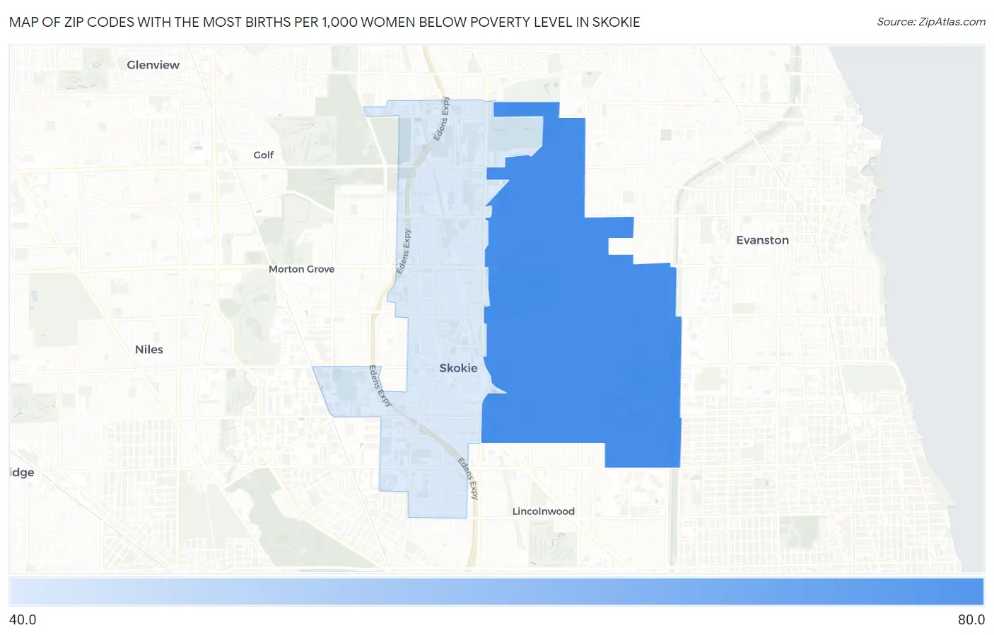 Zip Codes with the Most Births per 1,000 Women Below Poverty Level in Skokie Map