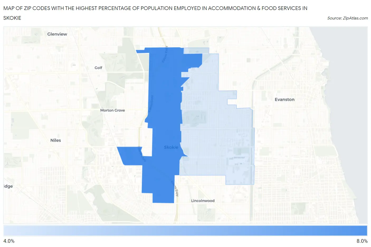 Zip Codes with the Highest Percentage of Population Employed in Accommodation & Food Services in Skokie Map