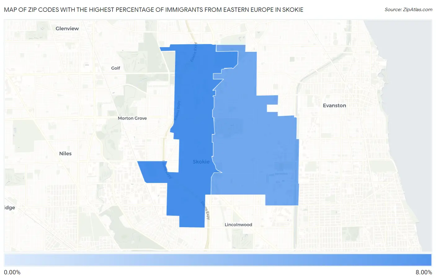 Zip Codes with the Highest Percentage of Immigrants from Eastern Europe in Skokie Map