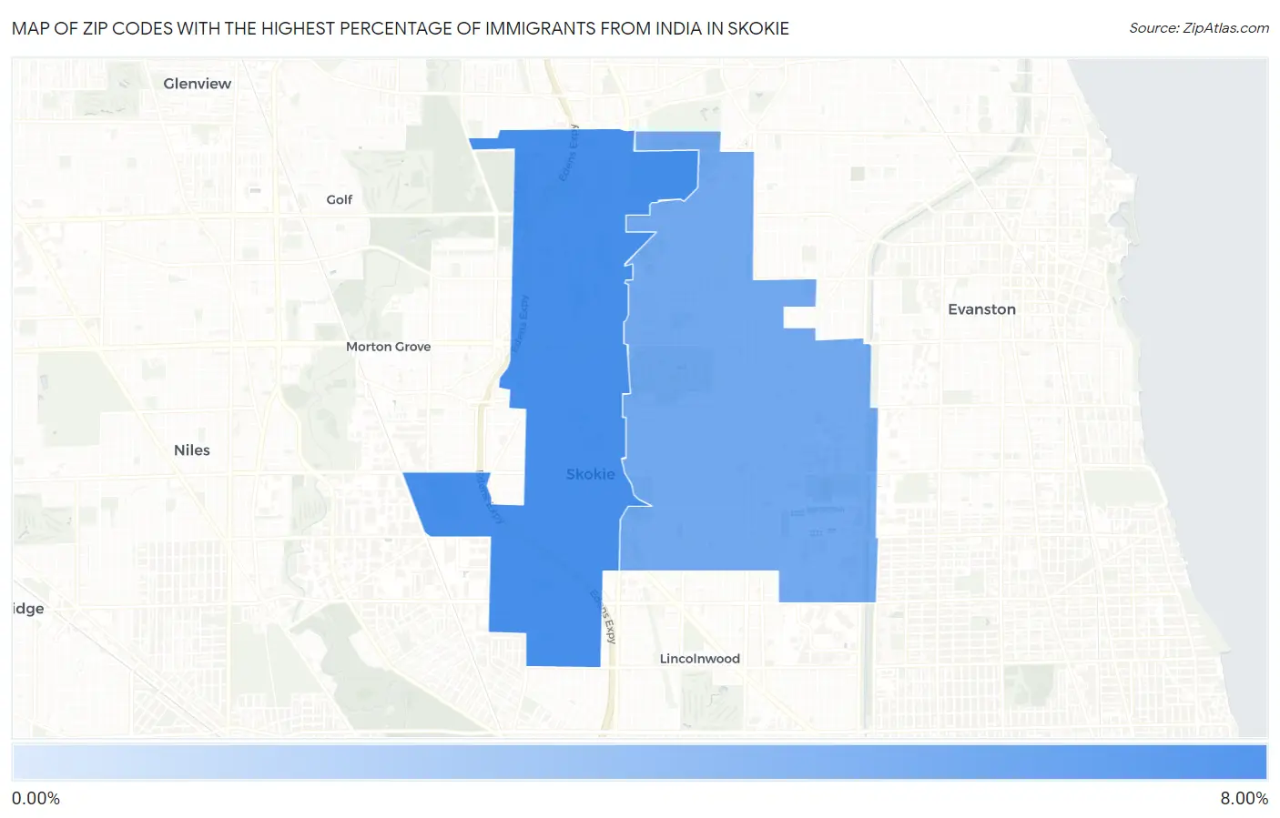 Zip Codes with the Highest Percentage of Immigrants from India in Skokie Map