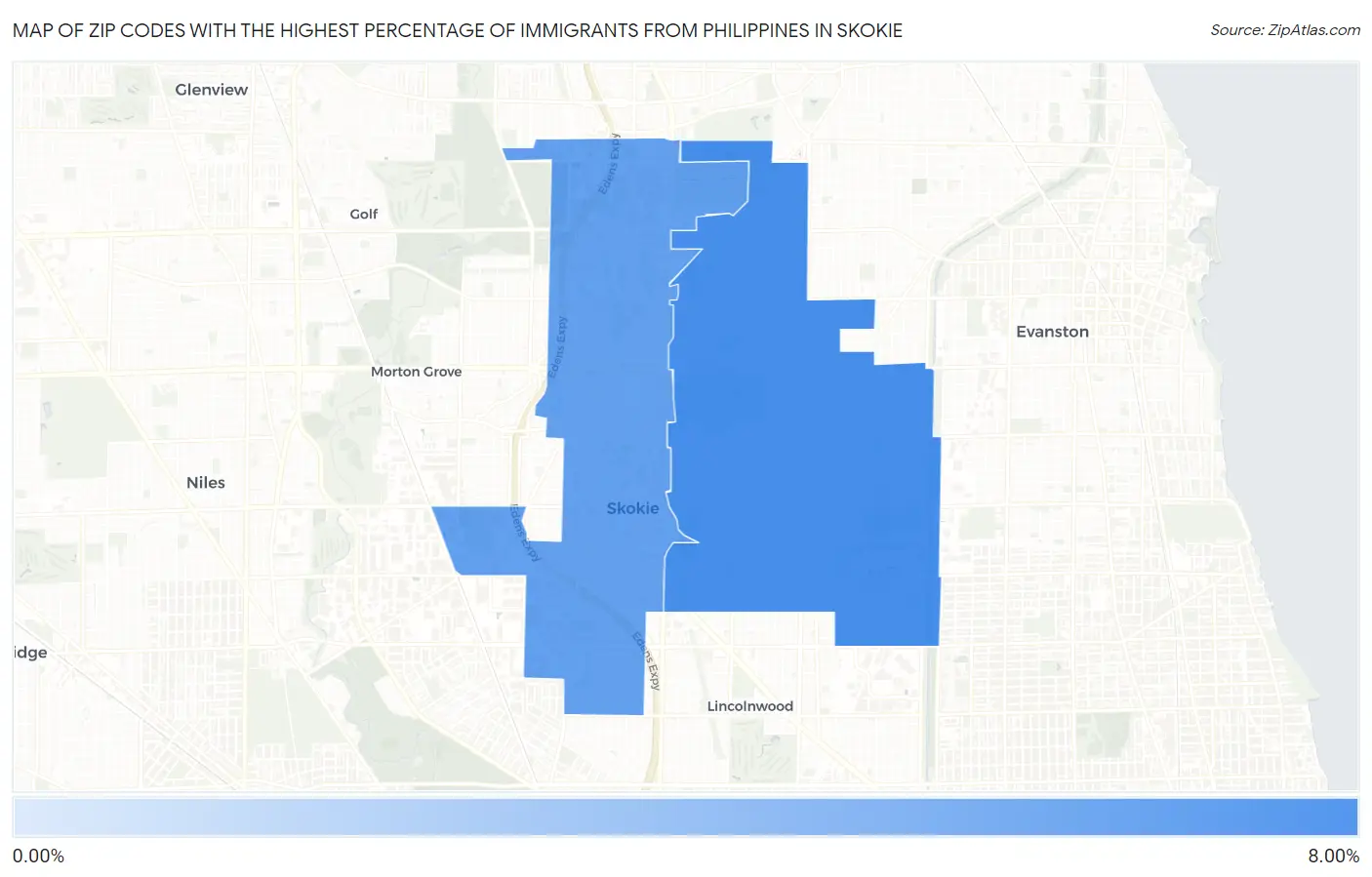 Zip Codes with the Highest Percentage of Immigrants from Philippines in Skokie Map