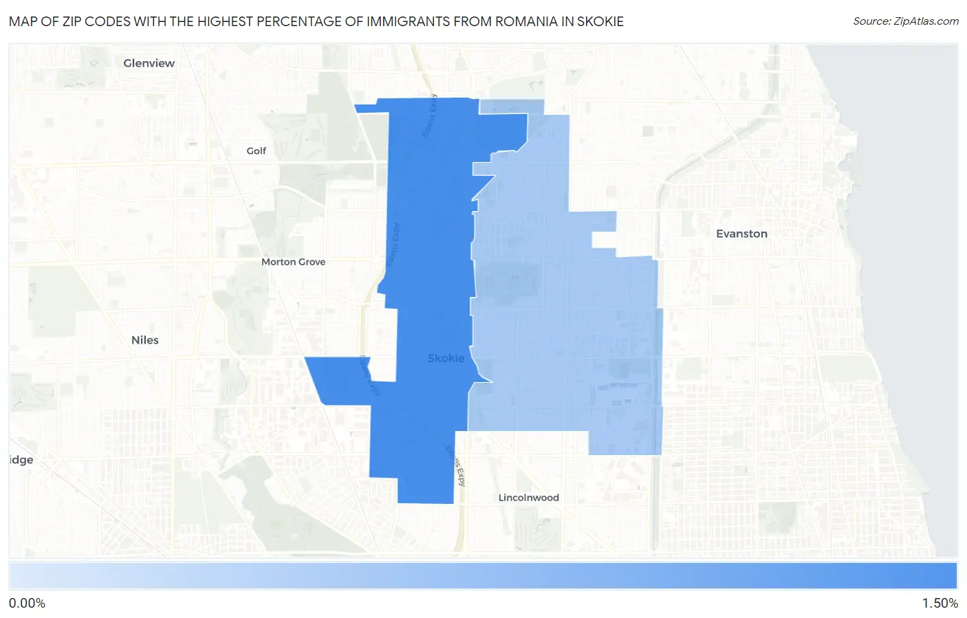 Zip Codes with the Highest Percentage of Immigrants from Romania in Skokie Map