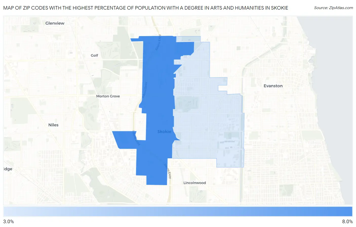 Zip Codes with the Highest Percentage of Population with a Degree in Arts and Humanities in Skokie Map