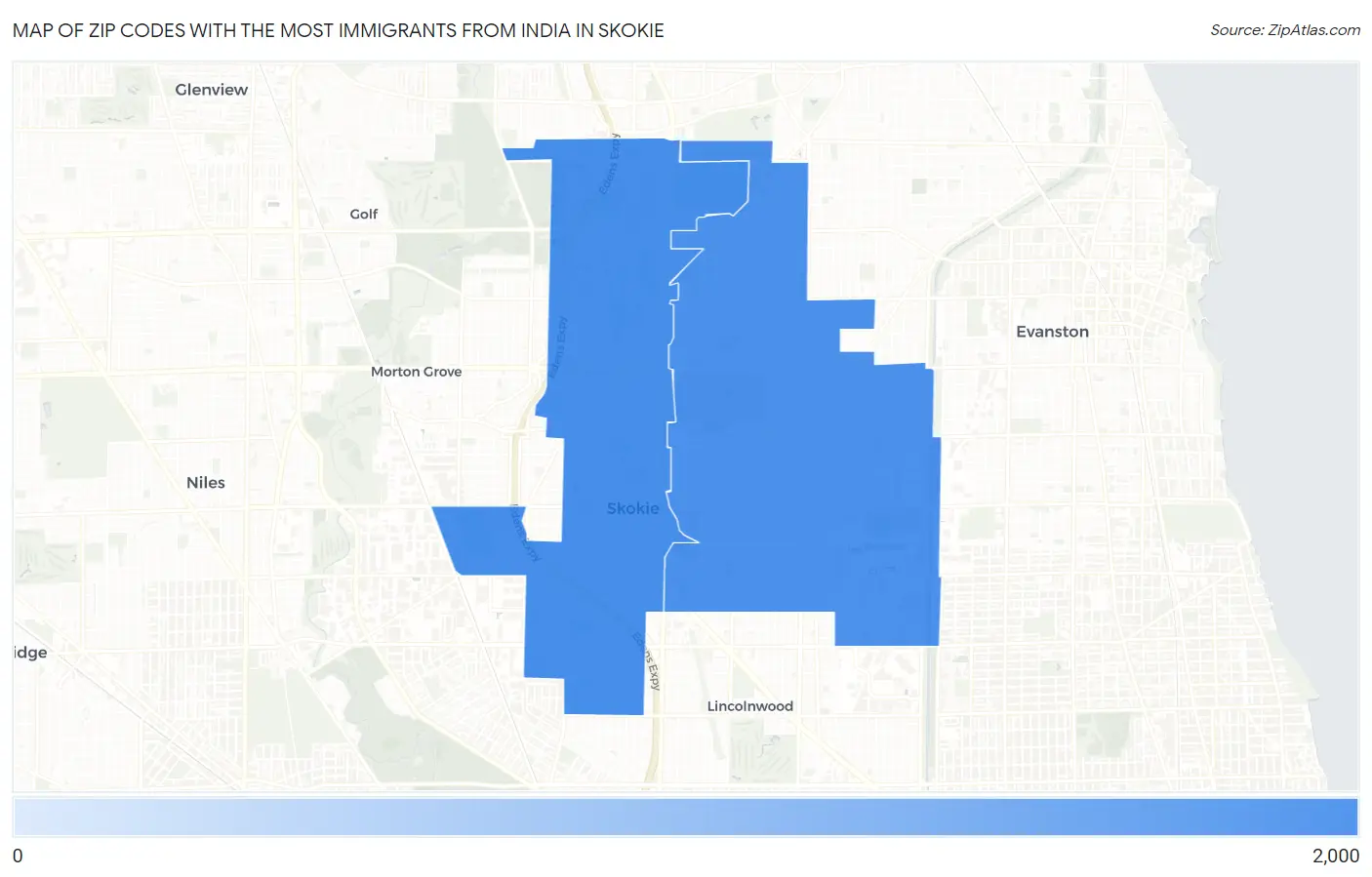 Zip Codes with the Most Immigrants from India in Skokie Map