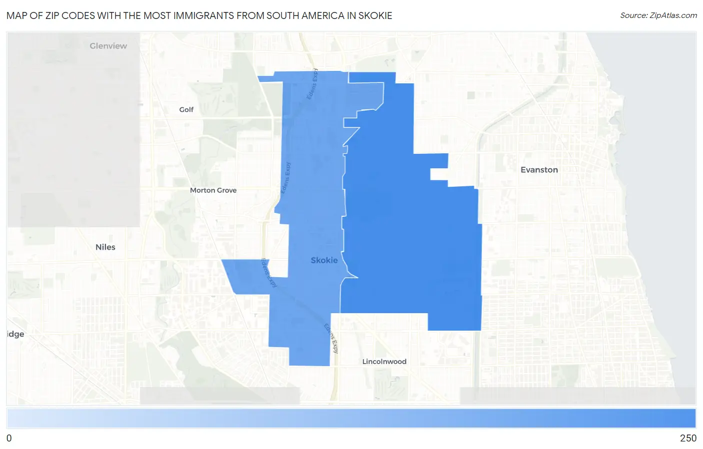 Zip Codes with the Most Immigrants from South America in Skokie Map