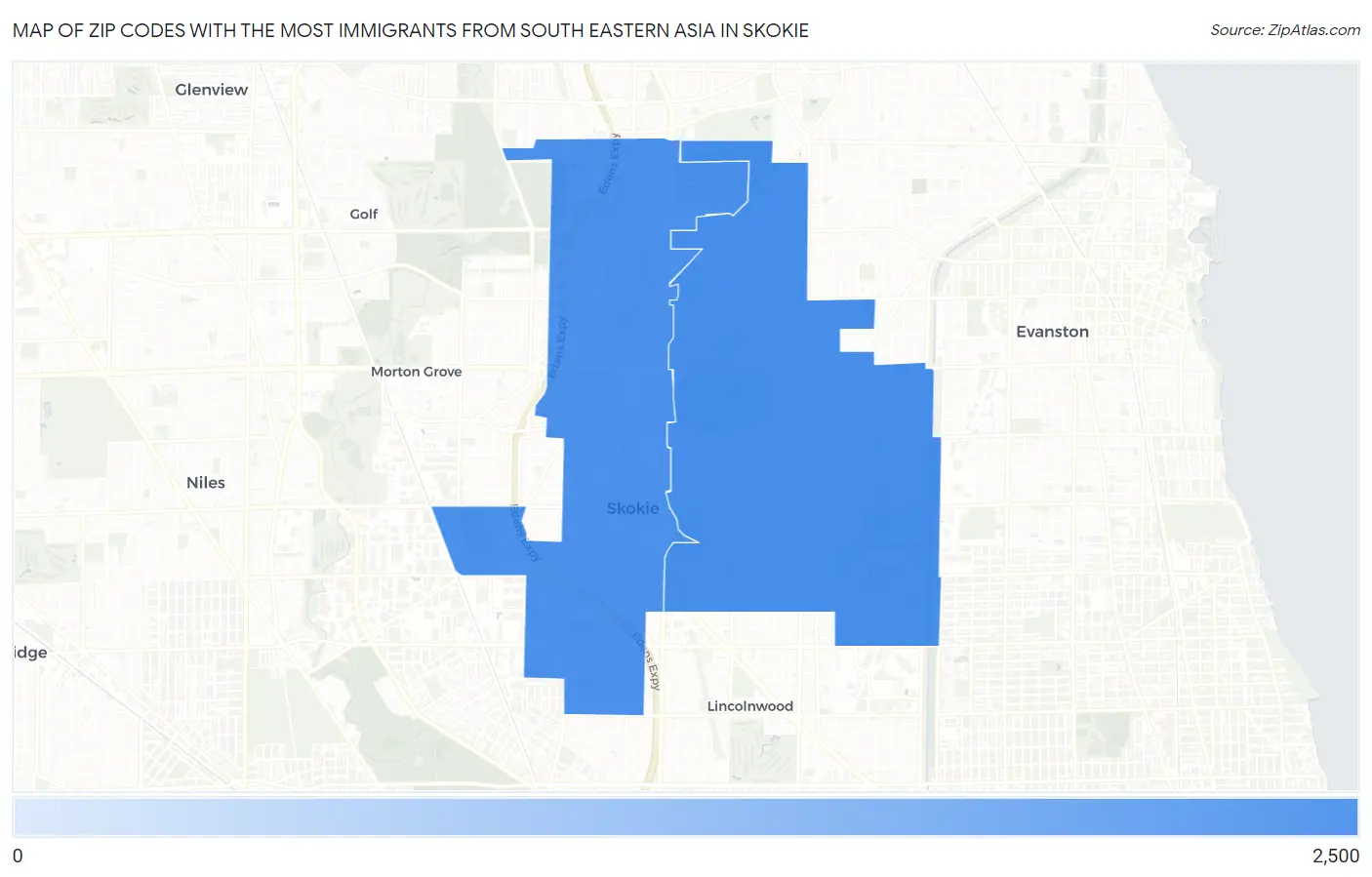 Zip Codes with the Most Immigrants from South Eastern Asia in Skokie Map