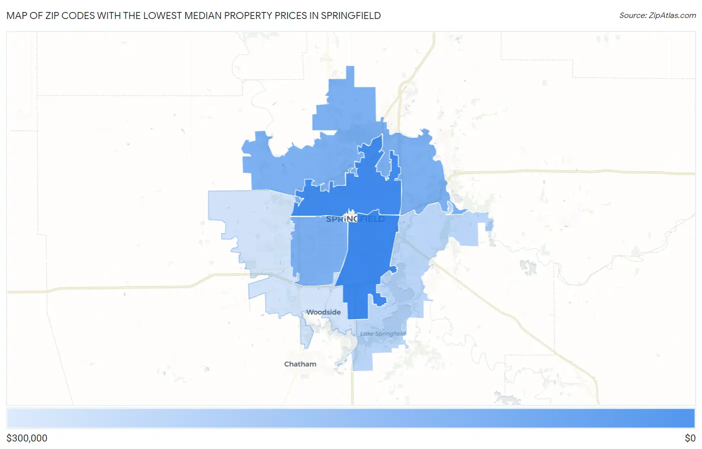 Zip Codes with the Lowest Median Property Prices in Springfield Map