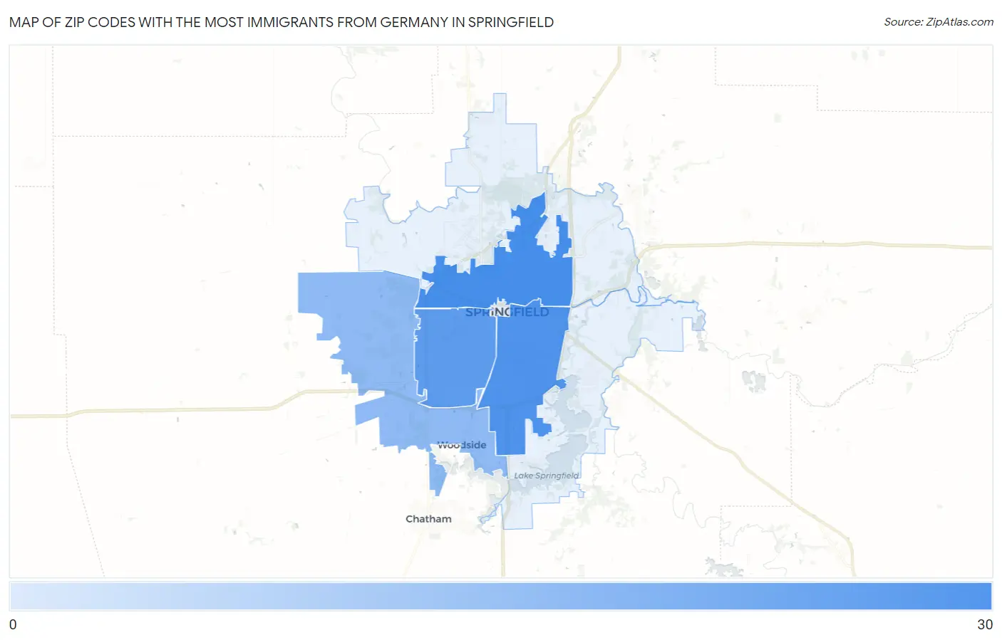 Zip Codes with the Most Immigrants from Germany in Springfield Map
