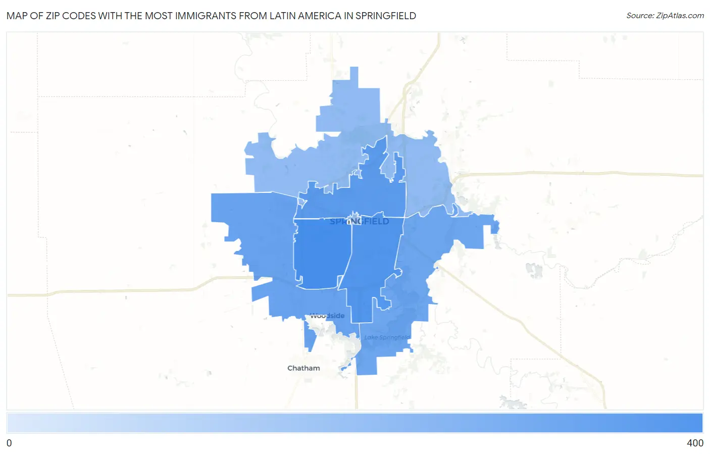 Zip Codes with the Most Immigrants from Latin America in Springfield Map