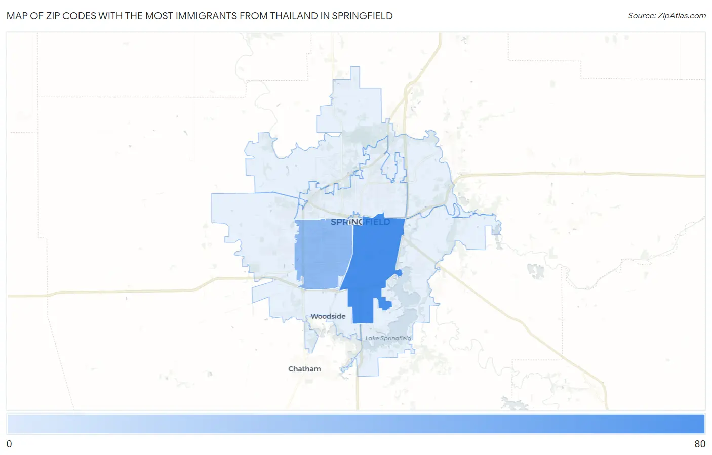 Zip Codes with the Most Immigrants from Thailand in Springfield Map
