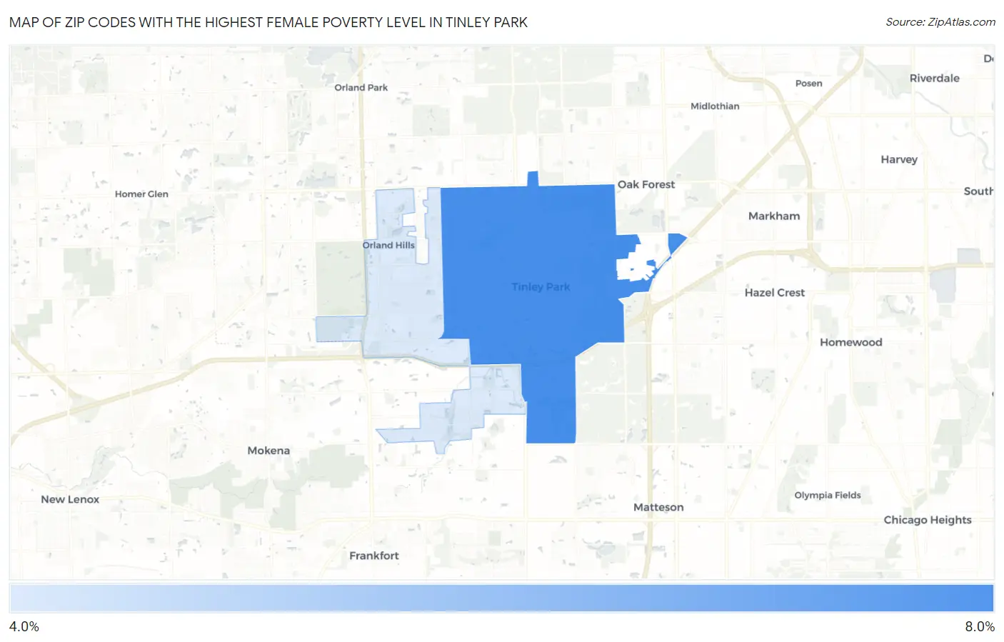 Zip Codes with the Highest Female Poverty Level in Tinley Park Map