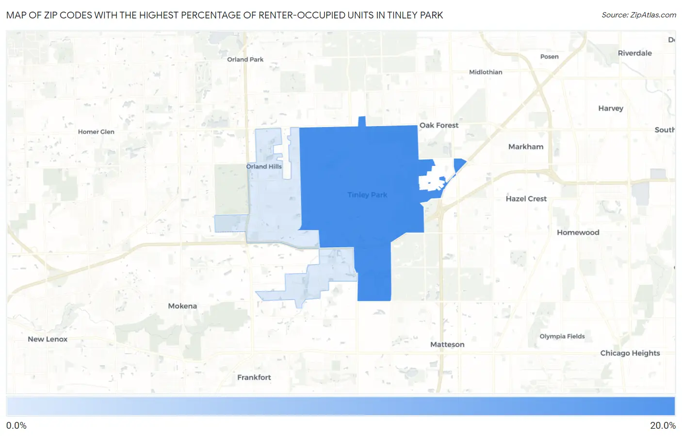 Zip Codes with the Highest Percentage of Renter-Occupied Units in Tinley Park Map