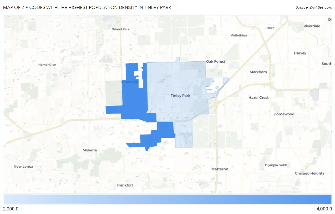 Zip Codes with the Highest Population Density in Tinley Park Map
