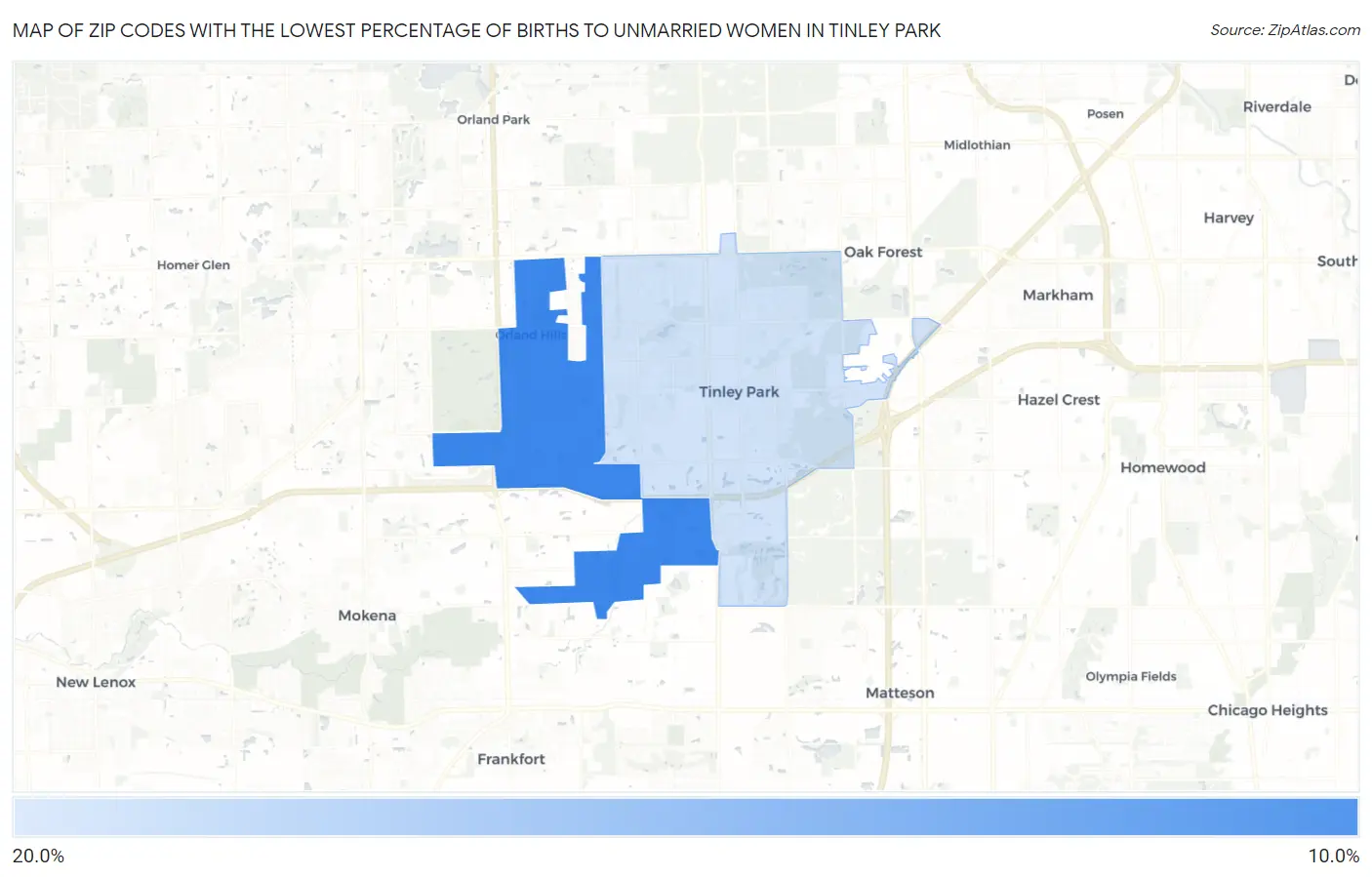 Zip Codes with the Lowest Percentage of Births to Unmarried Women in Tinley Park Map