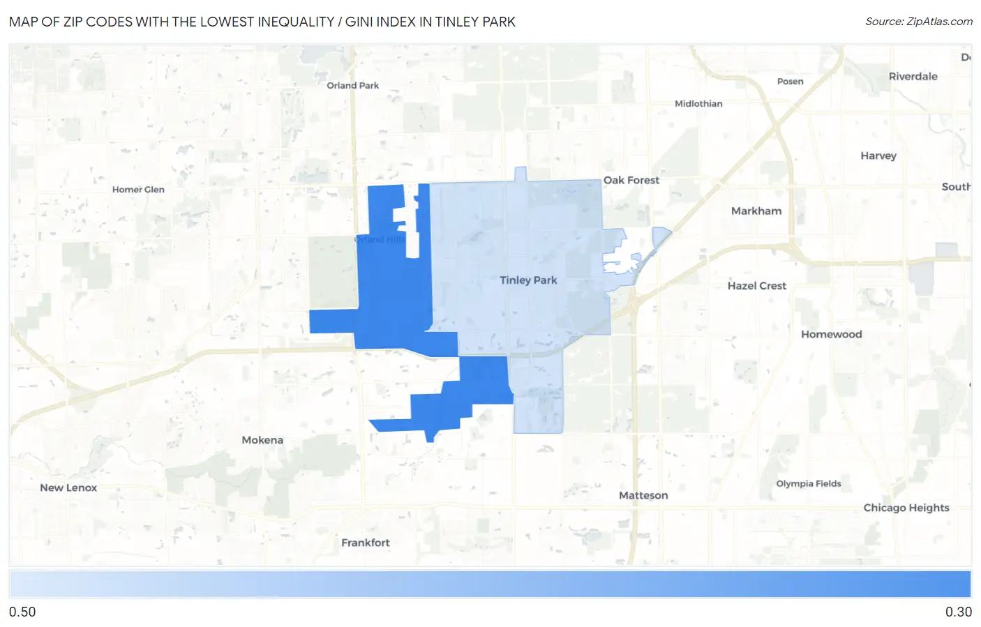Zip Codes with the Lowest Inequality / Gini Index in Tinley Park Map