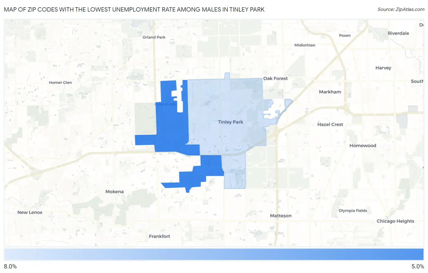 Zip Codes with the Lowest Unemployment Rate Among Males in Tinley Park Map