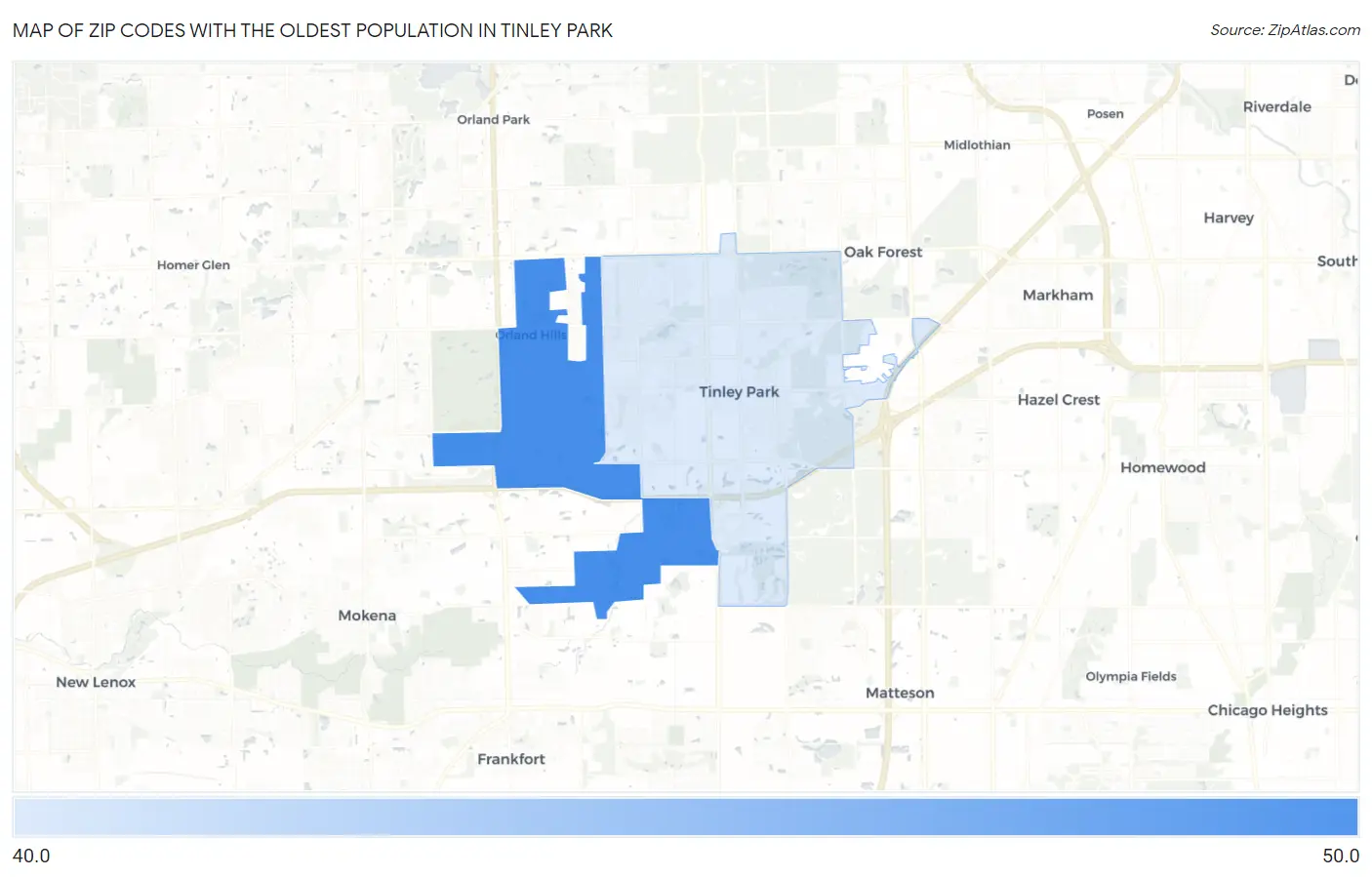 Zip Codes with the Oldest Population in Tinley Park Map