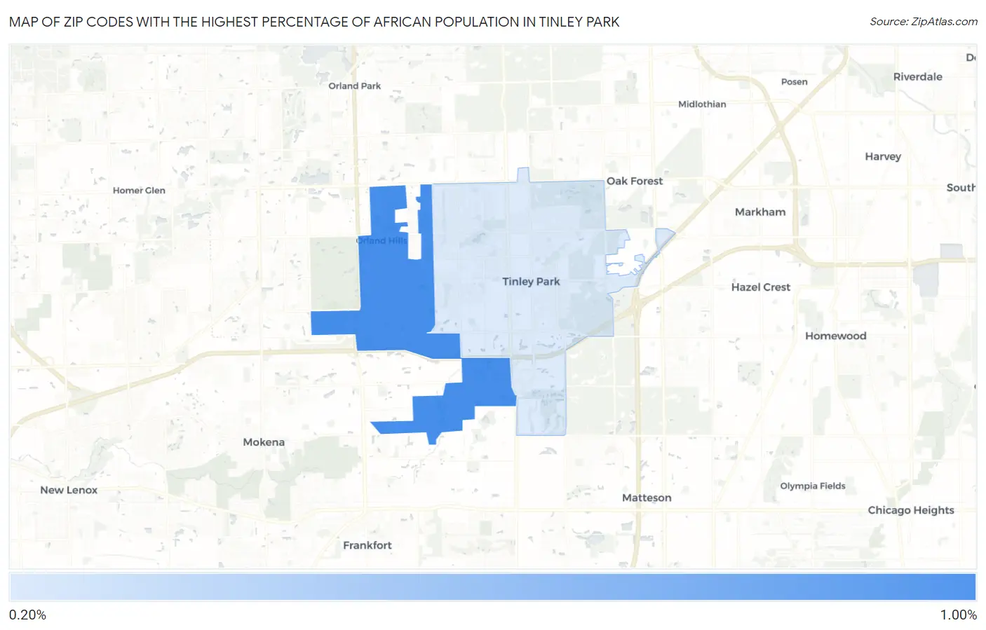 Zip Codes with the Highest Percentage of African Population in Tinley Park Map