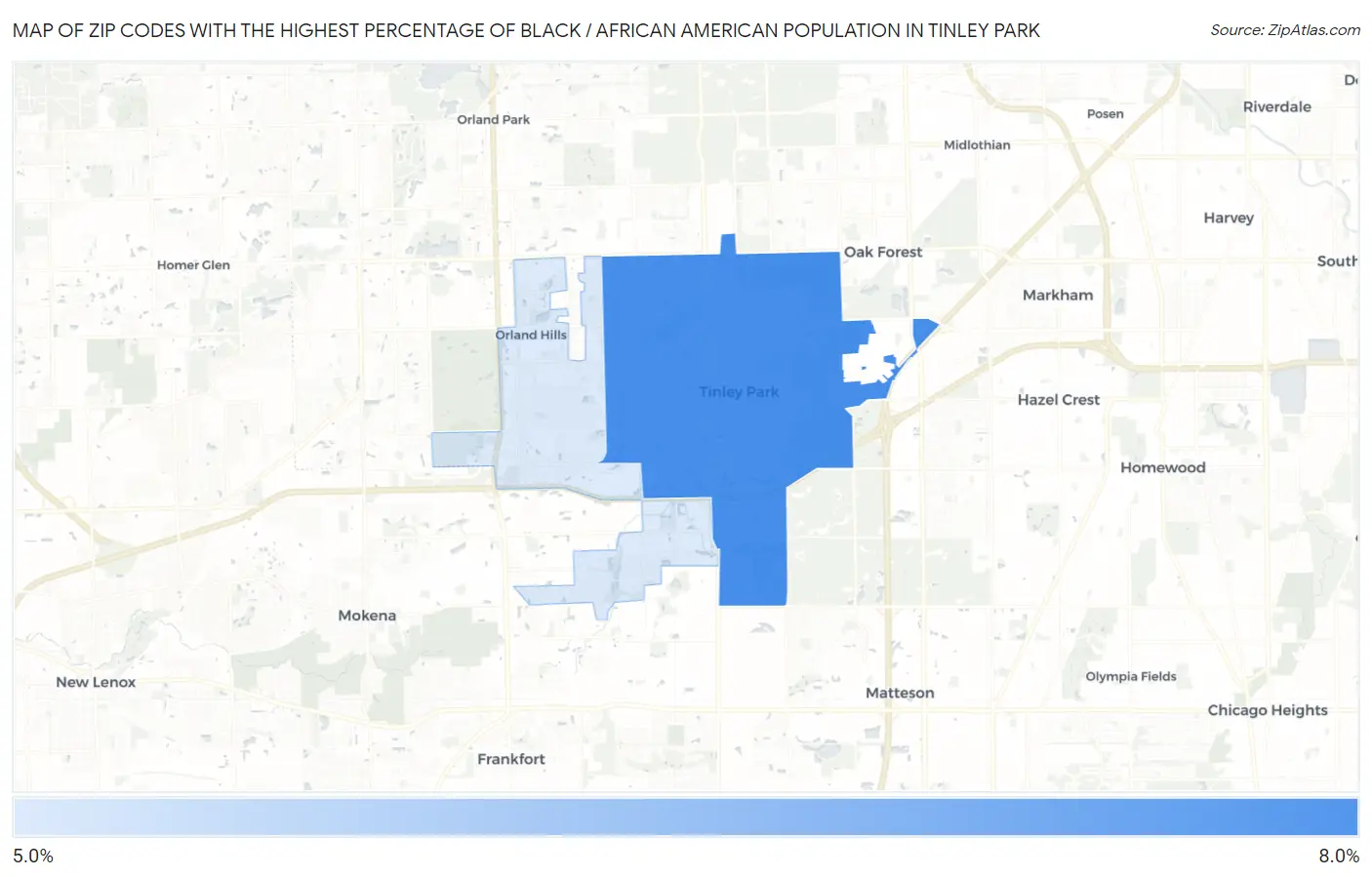 Zip Codes with the Highest Percentage of Black / African American Population in Tinley Park Map