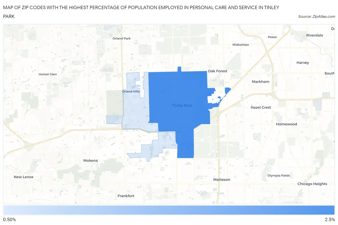 Zip Codes with the Highest Percentage of Population Employed in Personal Care and Service in Tinley Park Map