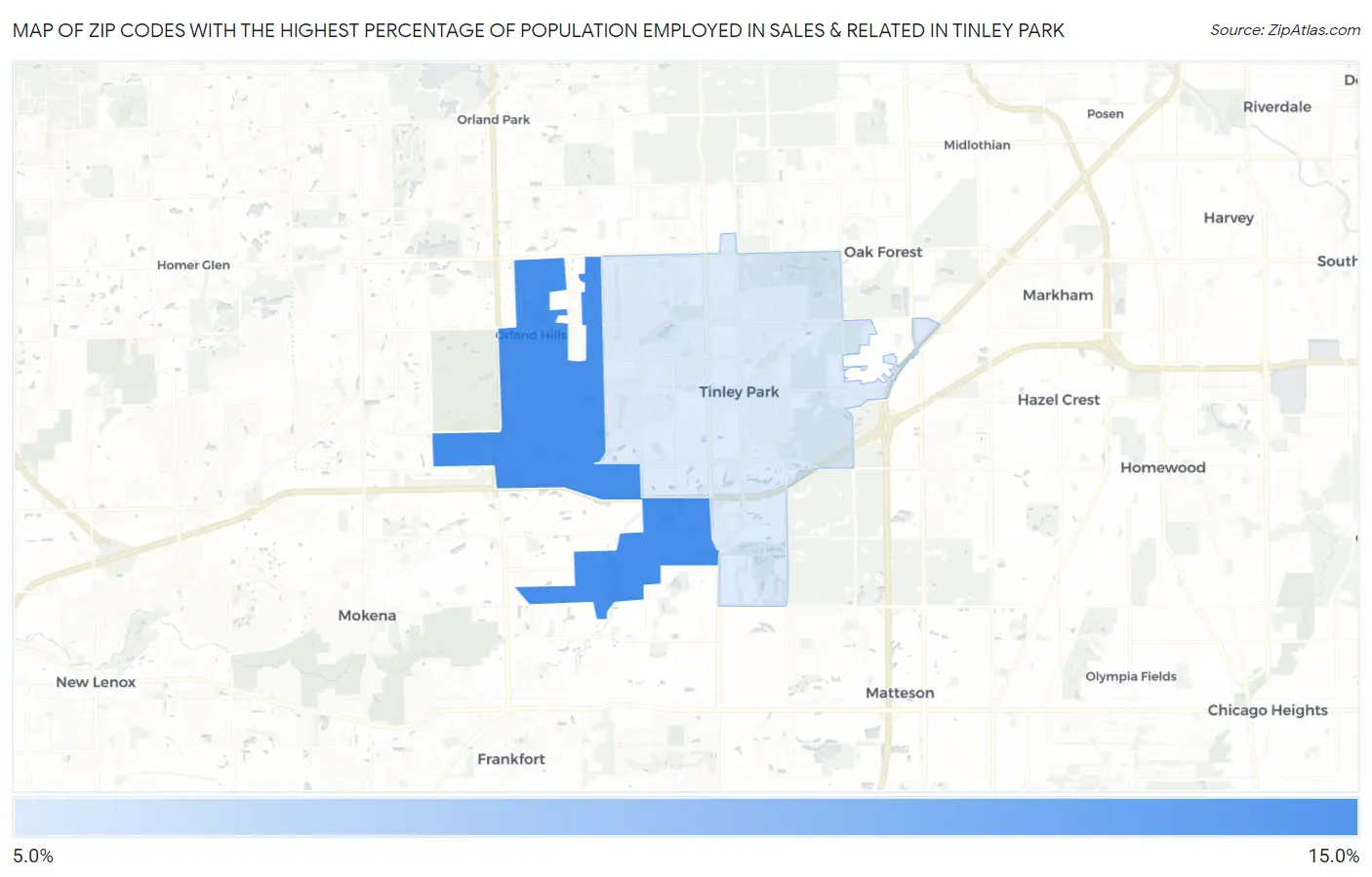 Zip Codes with the Highest Percentage of Population Employed in Sales & Related in Tinley Park Map