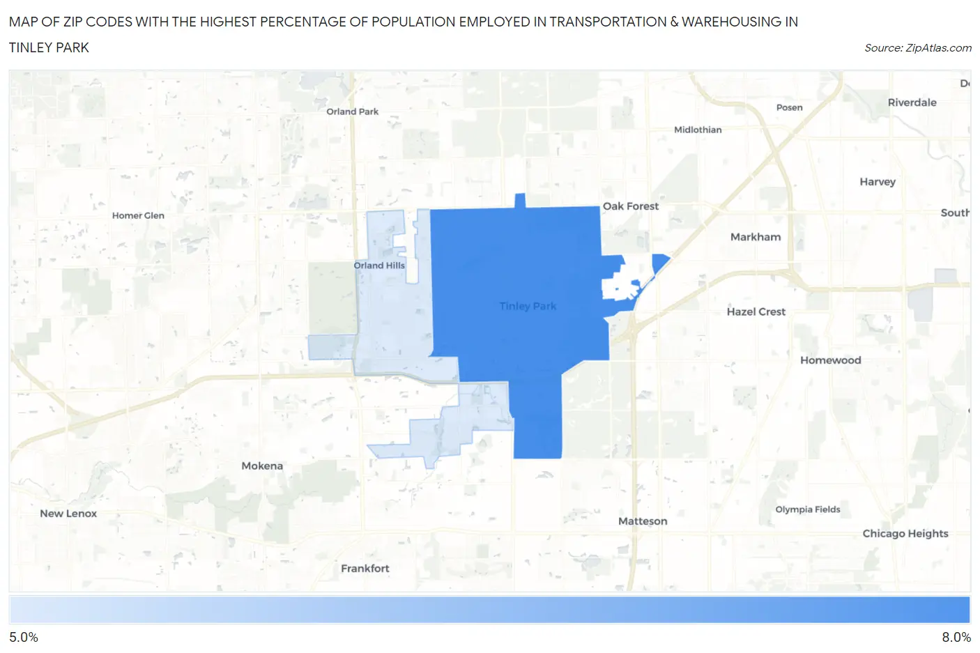 Zip Codes with the Highest Percentage of Population Employed in Transportation & Warehousing in Tinley Park Map