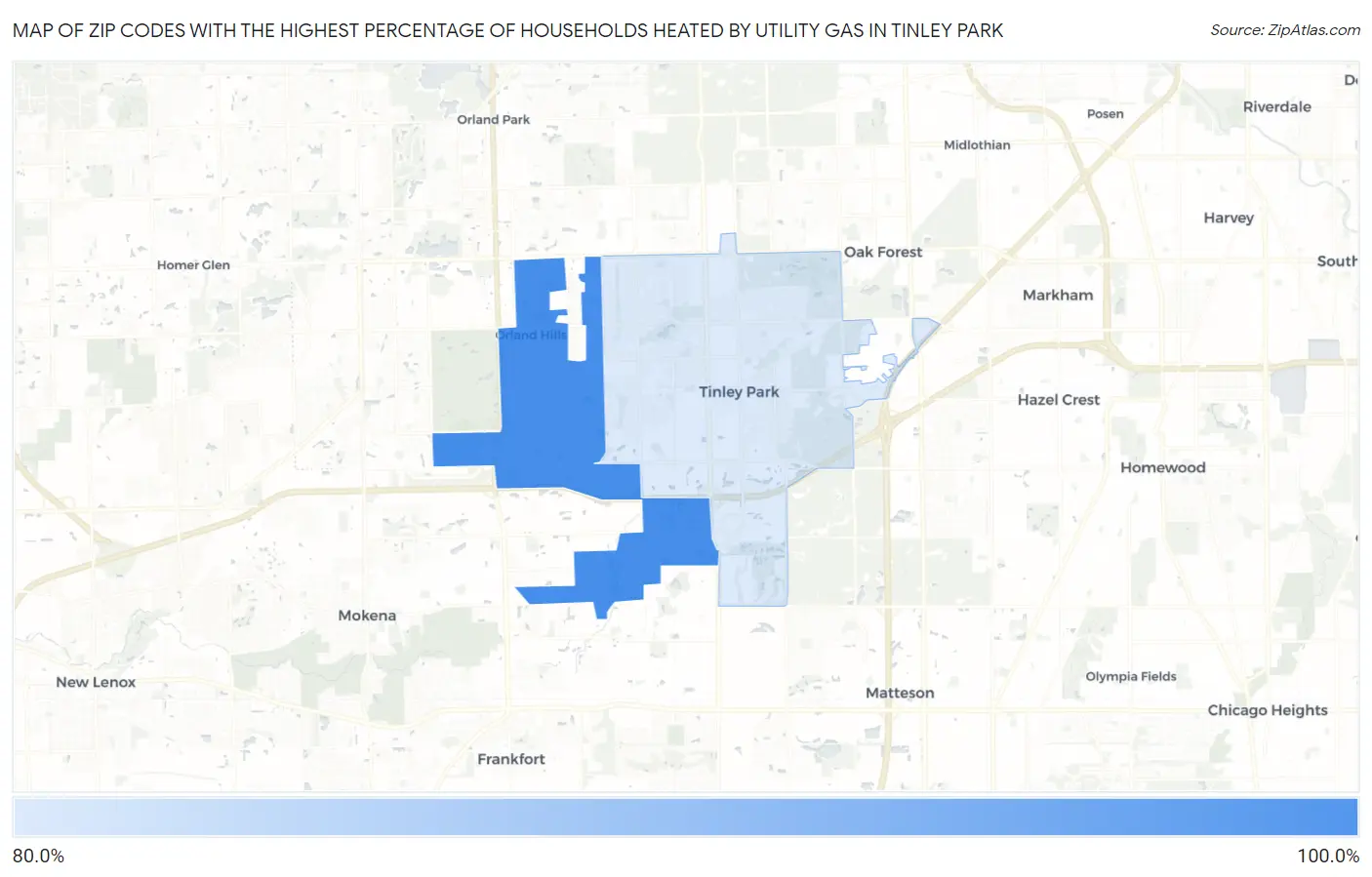 Zip Codes with the Highest Percentage of Households Heated by Utility Gas in Tinley Park Map