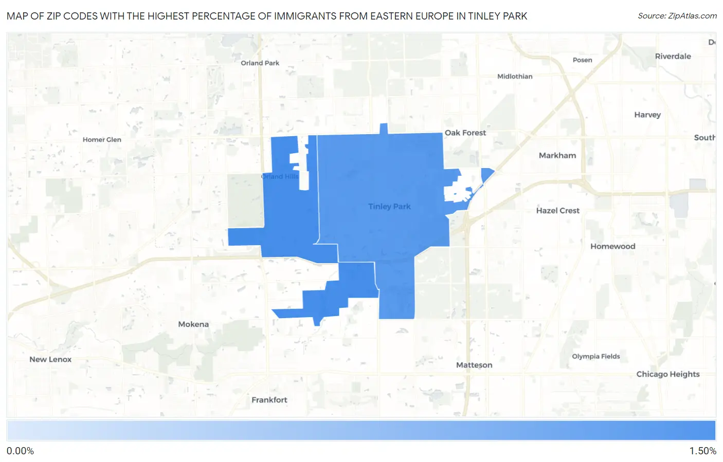 Zip Codes with the Highest Percentage of Immigrants from Eastern Europe in Tinley Park Map