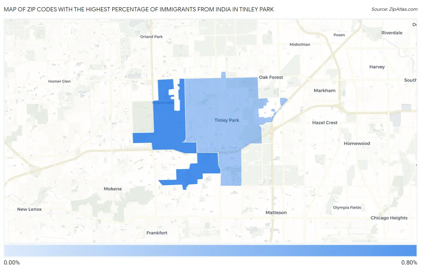Zip Codes with the Highest Percentage of Immigrants from India in Tinley Park Map
